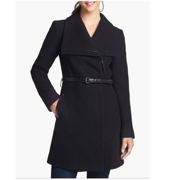 Mackage Valencia Black Wool Peacoat Coat Leather Trim Belted Sz Large - Picture 1 of 16